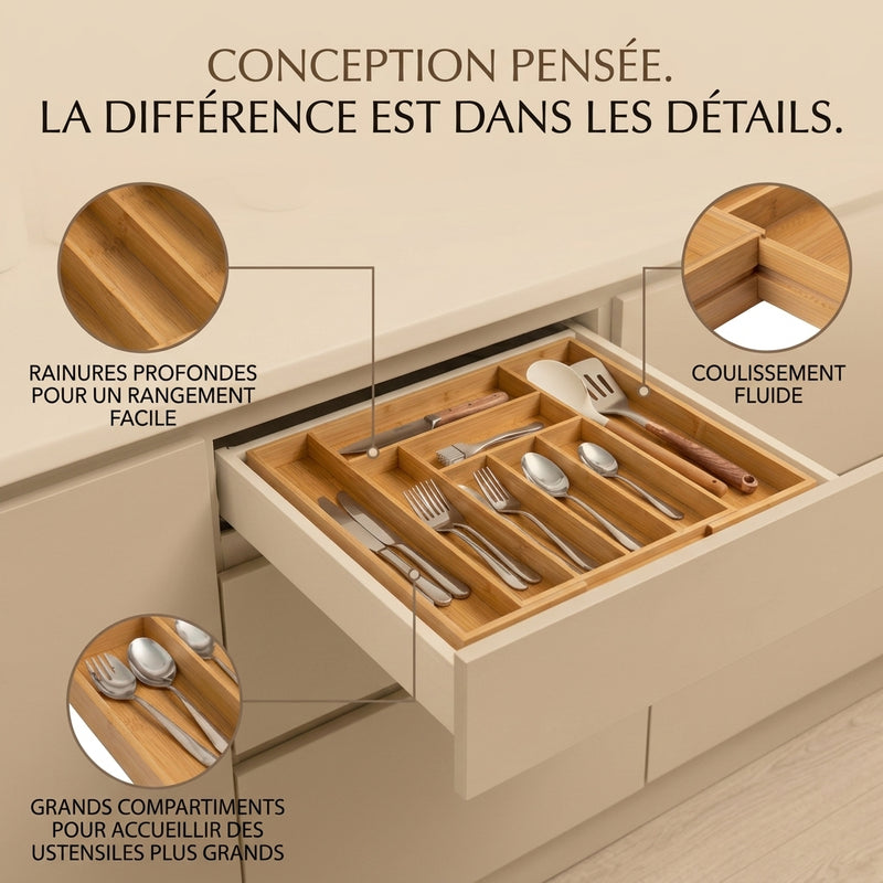 Organisateur de Couverts en Bambou Extensible et Réglable