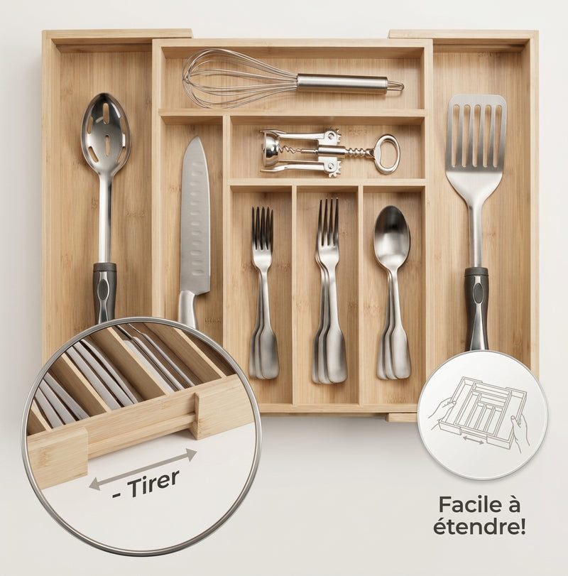 Organisateur de Couverts en Bambou Extensible et Réglable