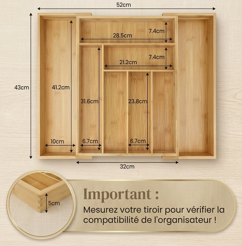 Organisateur de Couverts en Bambou Extensible et Réglable